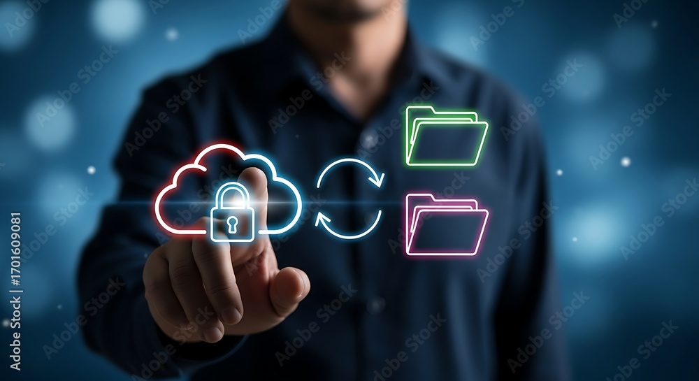 Poster person touching cloud icon with lock and folder icons for data transfer computing storage