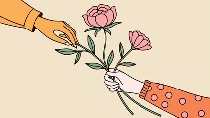 Closeup of hands passing a delicate pink flower, conveying a message of affection and thoughtful gesture in a clean design