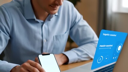Man in blue shirt interacts with smartphone displaying QR code while laptop shows transfer completion, illustrating seamless digital connectivity and technology integration - Powered by Adobe