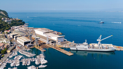 Aerial view of the Fincantieri Shipyard in Castellammare di Stabia, an important industrial hub for...
