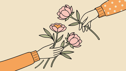 Two hands exchanging beautiful pink flowers, symbolizing friendship, love, and a thoughtful gesture