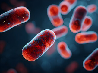 Bacteria cells multiplying under microscope in laboratory environment, showcasing cellular biology and microbiological research, conveying scientific discovery.