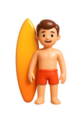 Summer 3D Cartoon Character with Surfboard Isolated on a Transparent Background