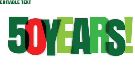 Fifty years text overlay effect shows in different green and red colors on white