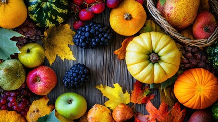 Colorful Autumn Harvest with Fresh Fruits and Vegetables on Wood