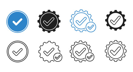 Collection of various gear-shaped icons with checkmarks, representing settings and approval.