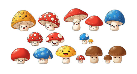 3d icon of collection of cute cartoon mushrooms with happy faces, isolated on transparent background