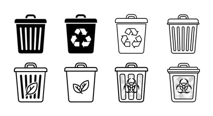 Collection of eight trash can icons, various recycling and waste symbols.