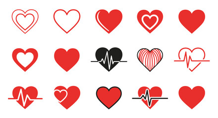 A collection of various heart icons and symbols, including solid, outlined, and ECG heartbeat designs in red and black.