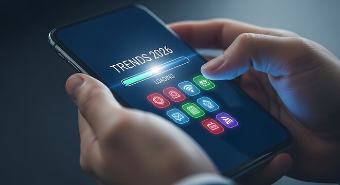 Person's hands holding smartphone displaying trends loading screen and icons mobile