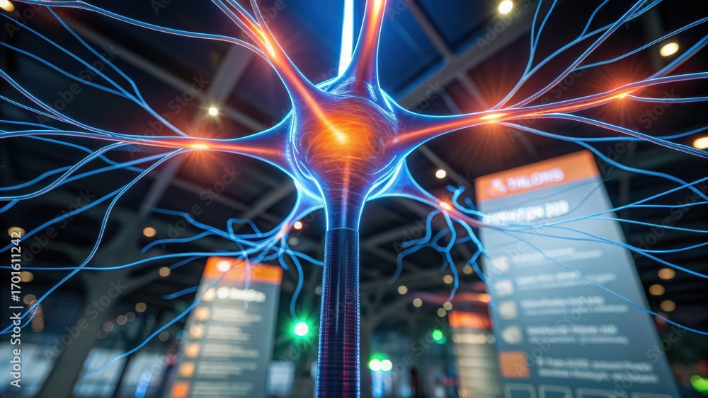 Poster micro biomechanical systems neural network representation with bright colors and intricate connectio