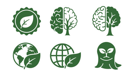 A collection of green environmental and ecological icons, including leaves, globes, brain-tree combinations, and a sprouting tree stump.