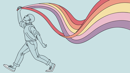 A person walking with a colorful rainbow streamer flowing behind them, symbolizing joy, freedom, and creativity in a vibrant, stylized illustration