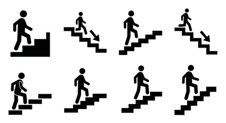 Various black and white stairway icons showing people ascending and descending stairs.
