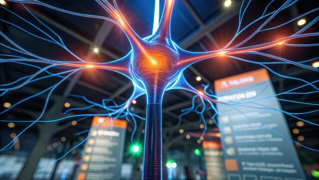 micro biomechanical systems Neural network representation with bright colors and intricate connections set against an informative backdrop.