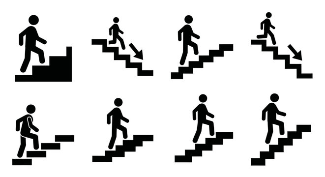 Various black and white stairway icons showing people ascending and descending stairs.