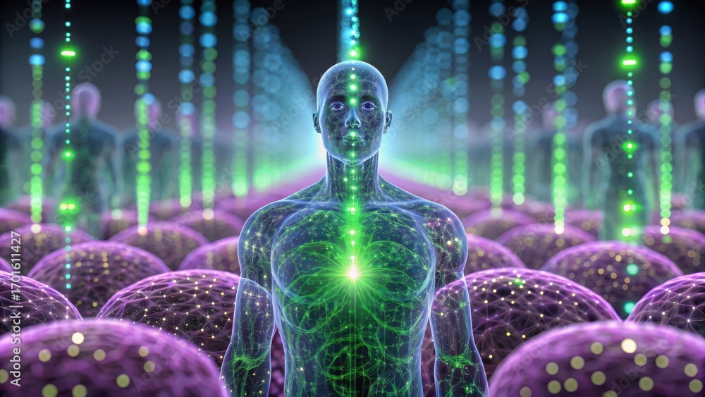Aufkleber micro biomechanical systems a digital representation of a human figure surrounded by abstract energy