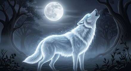 Mystical wolf howling at the full moon in a dark forest with glowing ethereal light