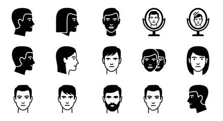 A collection of black and white icons depicting human heads and faces in various styles and angles, including profiles, front views, and mirror reflections.