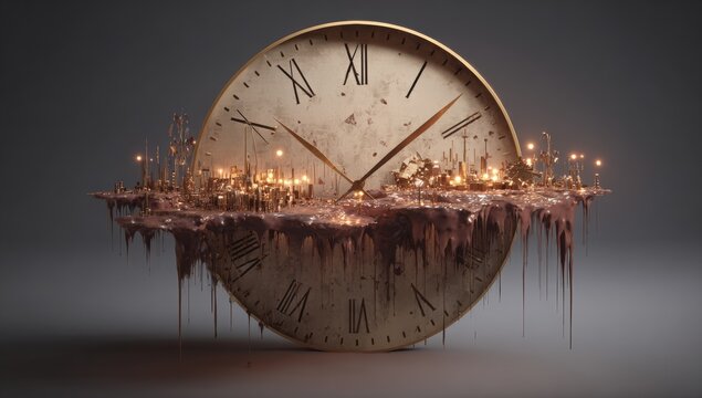 A large, antique-style clock floats in mid-air, its face showing Roman numerals.  A miniature city rests atop the melted clock face, illuminated by warm light - Powered by Adobe