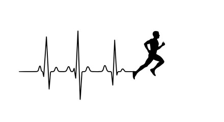 Silhouette of a runner with a heartbeat line, symbolizing fitness and health, on a white background.