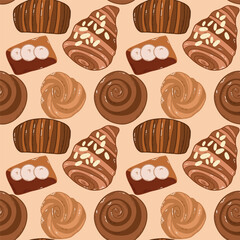 Seamless Pattern of Baked Goods Including Croissants and Cinnamon Rolls. Illustration of various baked goods arranged in a repetitive pattern on a warm background. Includes croissants, cinnamon rolls
