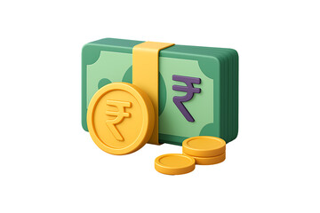 3D Rupee Money Stack and Coins Isolated on a Transparent Background