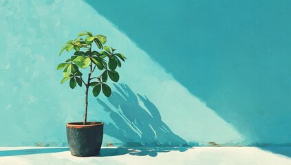 Vibrant plant in terracotta pot, sunlit teal backdrop