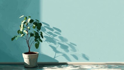 A potted plant casts a shadow on a mint-colored wall
