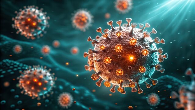 micro biomechanical systems Detailed illustration of a virus in a digital environment, showcasing its intricate structure.