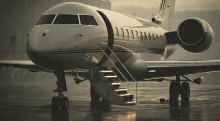 Private jet on a wet tarmac