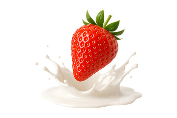 3D Strawberry Splashing in Milk Isolated on a Transparent Background