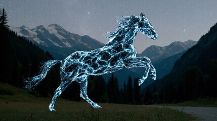 Surreal depiction of a magical horse under a sky filled with shooting stars at night in a mystical landscape