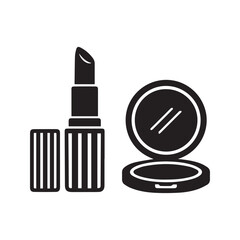 Lipstick and compact mirror icon. Makeup and cosmetics vector silhouette. Black and white beauty accessory graphic.
