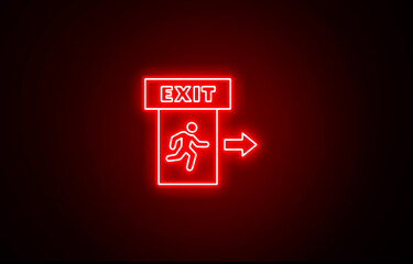 Right Neon glowing red color emergency exit icon on black background. Man running out, fire exit. Bright Emergency exit sign. Emergency exit. Safety symbol. Escape help evacuation icon