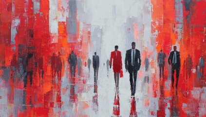 Abstract cityscape painting depicting people walking