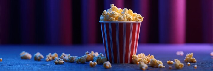 Popcorn in a striped paper cup on a textured surface, with a blurred purple and blue background