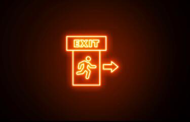 Right side Neon glowing orange color emergency exit icon on black background. Man running out, fire exit. Bright Emergency exit sign. Emergency exit. Safety symbol. Escape help evacuation icon