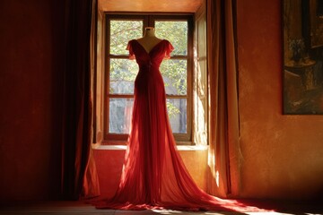 Red dress draped in front of a window