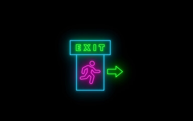 Right Neon glowing color emergency exit icon on black background. Man running out, fire exit. Bright Emergency exit sign. Emergency exit. Safety symbol. Escape help evacuation icon