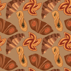Seamless Pattern with Delightful Pastry and Croissant on Beige Background. Charming seamless pattern featuring various pastries including croissants and rolls, set against a beige tone. Designed 