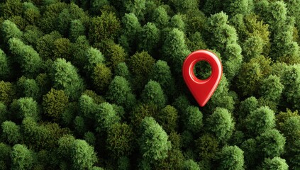 Red pin marker in a green forest