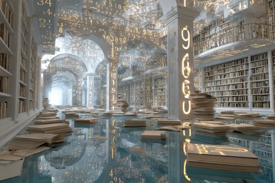 A grand, illuminated library with books and numbers