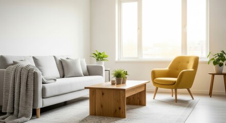 Fototapeta premium Light filled living room with grey sofa yellow armchair and wooden coffee table interior