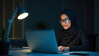 A smiling Muslim woman in a hijab works or studies online late at night, using a laptop under a desk lamp in a dark room.