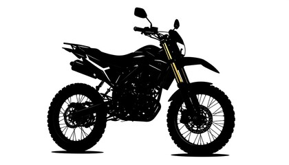 A black silhouette of a modern off-road motorcycle stands out against a plain white backdrop.