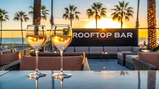 rooftop dining Rooftop bar setting with sunset, palm trees, and two glasses of wine on a stylish table.