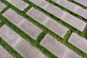 a rectangular pavement pattern featuring alternating light grey concrete slabs and narrow green grass strips