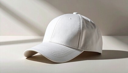 Minimalist white baseball cap with a curved visor sitting on a clean surface, with strong shadows cast from a window, perfect as a blank product mockup for design