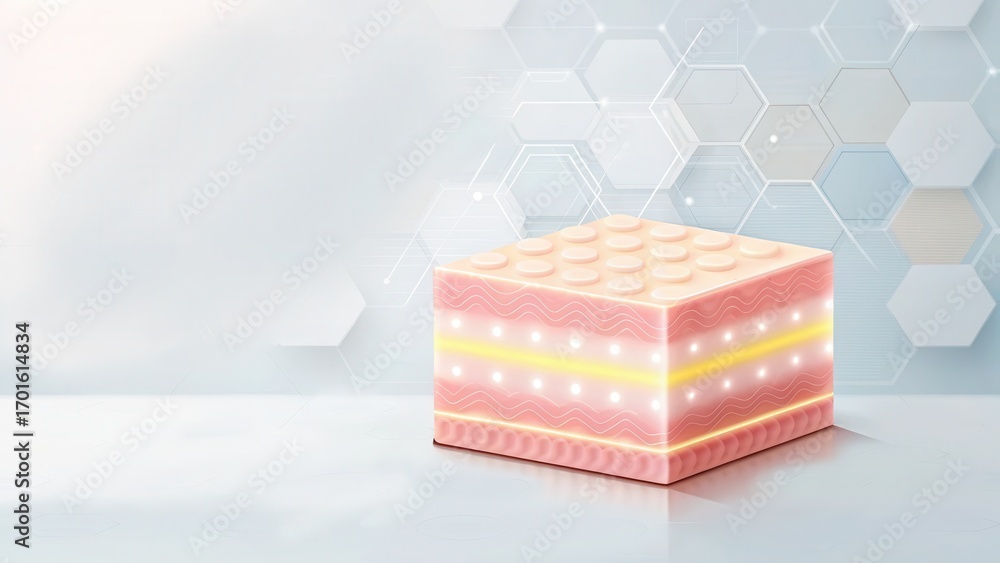 Aufkleber tissue engineering design a futuristic cake design with hexagonal patterns and glowing layers.